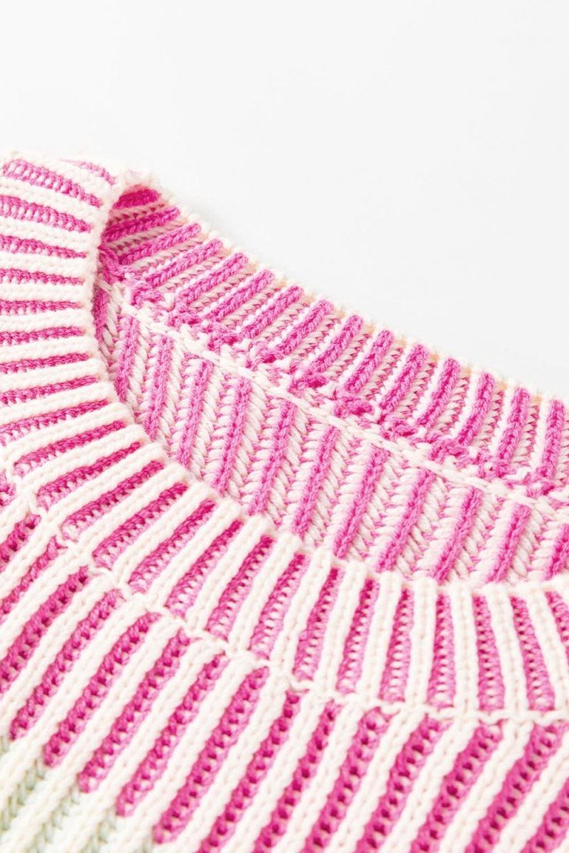 Pink Colorblock Textured Knit Sweater with Bubble Sleeves - Love Salve